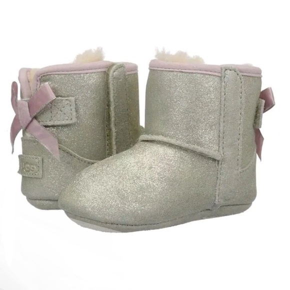 UGG Sparkly Gold Suede Kids Boots with Pink Bow & Lining - Picture 1 of 15